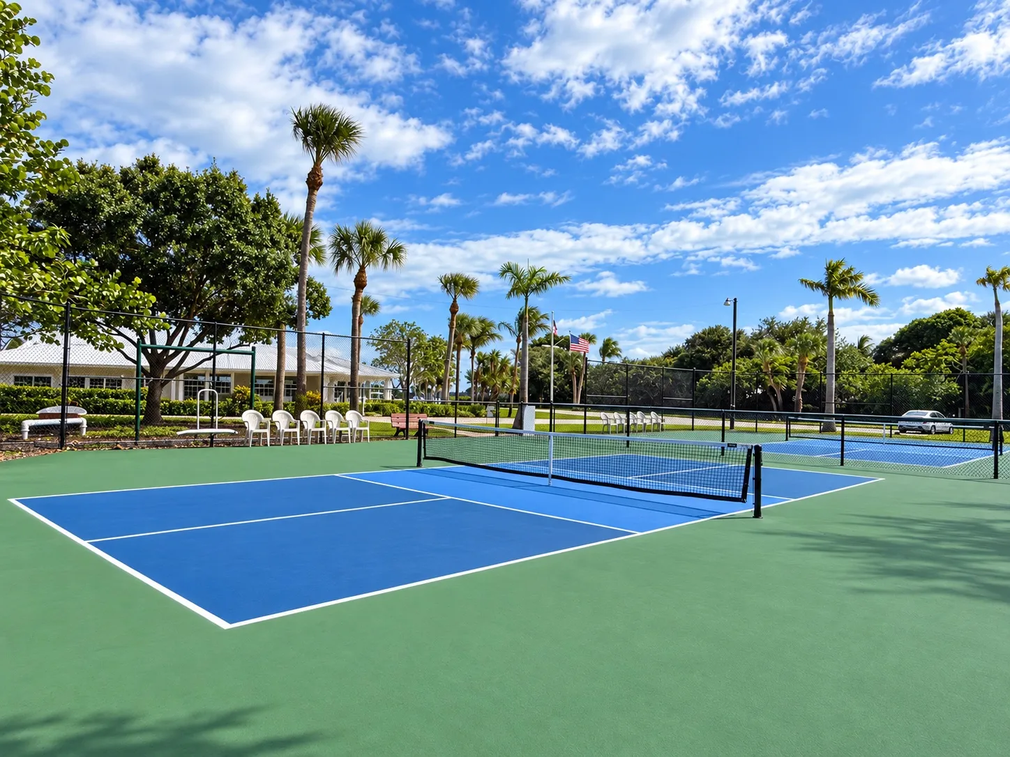 The Snug Harbor tennis and pickleball courts framed by palms