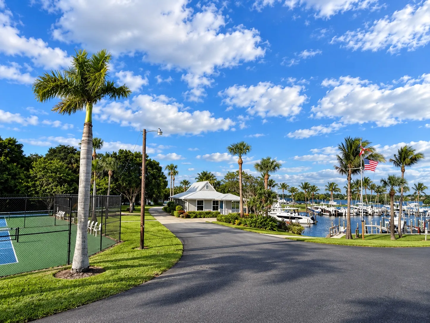 The tree-lined entrance road leading to the Snug Harbor clubhouse and marina